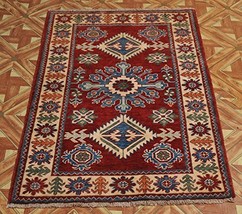 Vintage Look Vivid Red Rug Carpet Handmade Kazak 3&#39; x 4&#39; - £185.92 GBP
