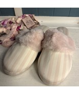 Victoria&#39;s Secret Women&#39;s Closed Toe Pink Striped Satin Faux Fur Slipper... - $21.85 CAD