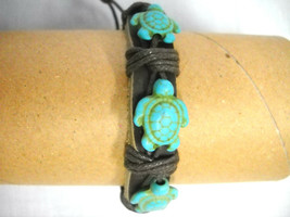 3 Turquoise Blue Resin Honu Sea Turtle Beads Thick Brown Leather Adj Bracelet - £3.17 GBP