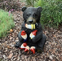 Whimsical Forest Black Bear Holding Colorful Christmas Mini Gnomes Statu... - £75.08 GBP