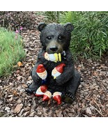 Whimsical Forest Black Bear Holding Colorful Christmas Mini Gnomes Statu... - £75.22 GBP