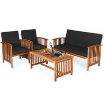 4Pcs Patio Solid Wood Furniture Set Conversation Coffee Table W/Black Cushion - £620.27 GBP