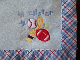 Just Born Baby Blanket  Lil All Star Sports Blue Checkered Trim  39 " x 28" - $29.35