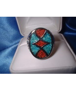 Turquoise Coral Inlay Large Oval Ring - £21.00 GBP