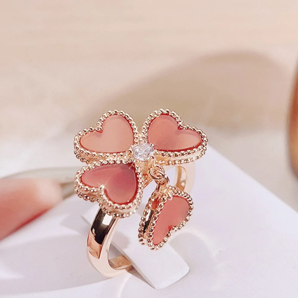 Luxury Brand Quality V Gold Red Agate Sweet Clover Leaves Heart Ring Rings For W - £61.80 GBP