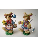 Bunny Rabbit Couple Statue Figurine Painted Gardening Flowers Bird Fish ... - £18.98 GBP