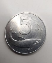 Vintage Italy 1954 -R DOLPHIN 5 Lire Aluminum Coin - $6.90