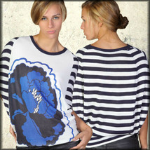 Ringspun Blue Flower Womens Short Sleeve Knit Sweater Top Navy White Stripes XL - £40.63 GBP