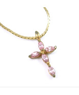 CROSS Pendant PINK Marquise RHINESTONE Necklace Vintage Goldtone 18&quot; Chr... - £12.53 GBP