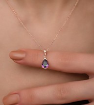 Alexandrite Charm Necklace, 14K Rose Gold Plated Pear Shape Pendant For Her - £62.88 GBP