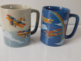 Vintage Otagiri Japan Blue Double Wing Airplane Aviation Rainbow Coffee Mugs 2 - £8.22 GBP