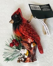Christmas Shoppe Ornament Glittery Glass Red Cardinal Bird on Pine Bough - £11.80 GBP
