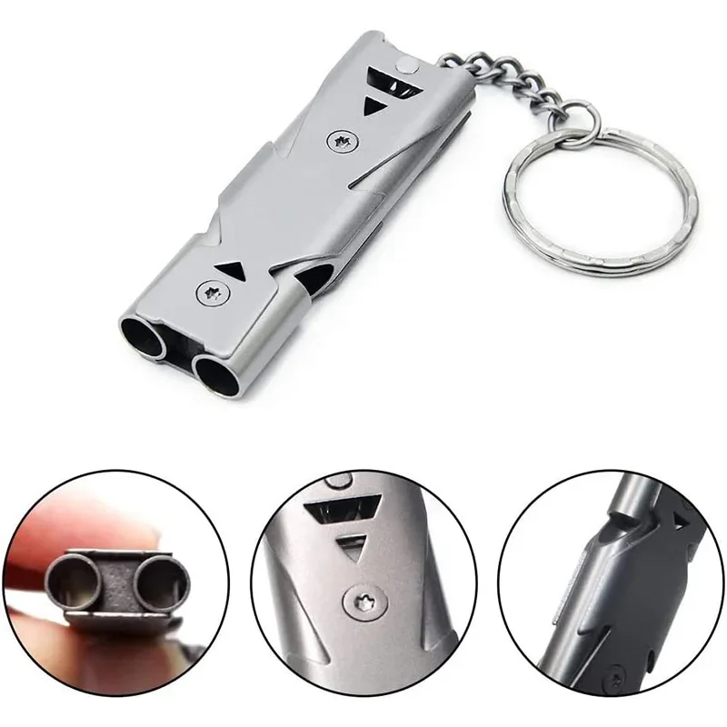 1pc 150 Decibels Whistle Keychain Stainless Steel Double Pipe Camping Hiking - £7.86 GBP+
