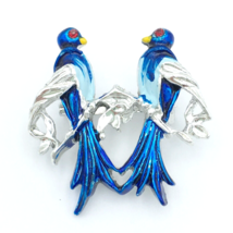 BLUEBIRDS on branch vintage pin - silver-tone enamel rhinestone eye brooch - £14.35 GBP
