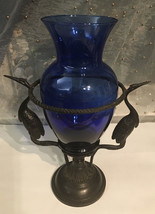 Metal Bird Base Vase Holder, Cobalt Blue Glass Fluted, 13” H X  12” Diameter - £19.25 GBP