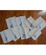 Set Of 8 Vintage White Linen Napkins With Embroidered Blue Flower 13&quot;x13&quot; - $14.80