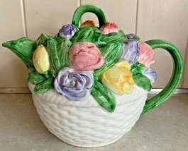 Vintage Otagiri Mary Ann Baker Floral Basketweave Tulip Teapot &amp; Lid  - £33.83 GBP