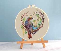 Spring Bird cross stitch heart pattern pdf - Bird nest cross stitch blue... - £8.32 GBP