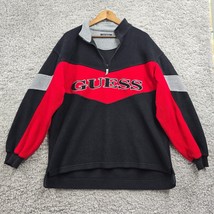 Guess Sweater Mens Medium Black Red Fleece Spellout 1/4 Zip Vintage Y2K - $39.55