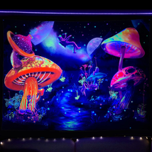 Trippy Astronaut and Mushroom Forest Planet Blacklight Tapestry Décor 80&#39;&#39; x 60&quot; - £18.02 GBP