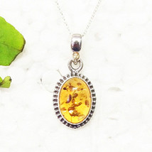 925 Sterling Silver Amber Necklace Handmade Gemstone Jewelry Free Chain - £31.63 GBP