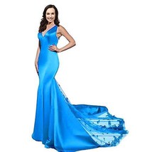 Sexy Mermaid V Neck Long Sheer Back Lace Formal Prom Evening Dresses Aqua Blue U - £104.49 GBP