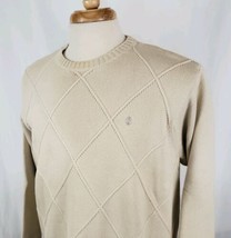 IZOD Sweater Men&#39;s Medium Crewneck 100% Cotton Knit Oatmeal Diamond Pattern - £11.98 GBP