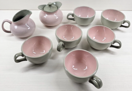 9 Pc Harker Shell Pink Creamer Sugar Bowl &amp; Lid Cups Set Vintage Dishes ... - £52.07 GBP