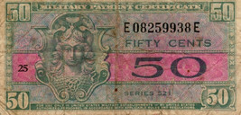 USA MPC 50 Cents 1952 Series of 521 Plate # 25, Korean War, allogorical ... - $13.88