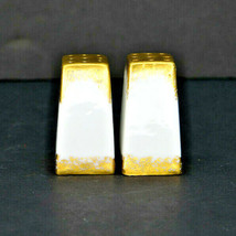 Vintage Set Of Small Porcelain White With Gold Plate Salt &amp; Pepper Shakers - $9.88