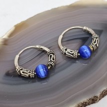 925 Sterling Silver Blue Cats Eye Stone Bead Hoop Pierced Earrings Small Size - $22.95