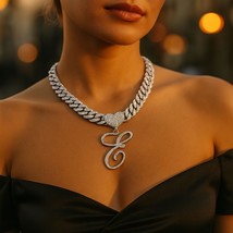 Letter “E” Heart Pendant Necklace – Silvery Cuban Chain with Rhinestones - $14.85