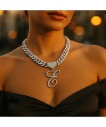 Letter “E” Heart Pendant Necklace – Silvery Cuban Chain with Rhinestones - $273.89 MXN