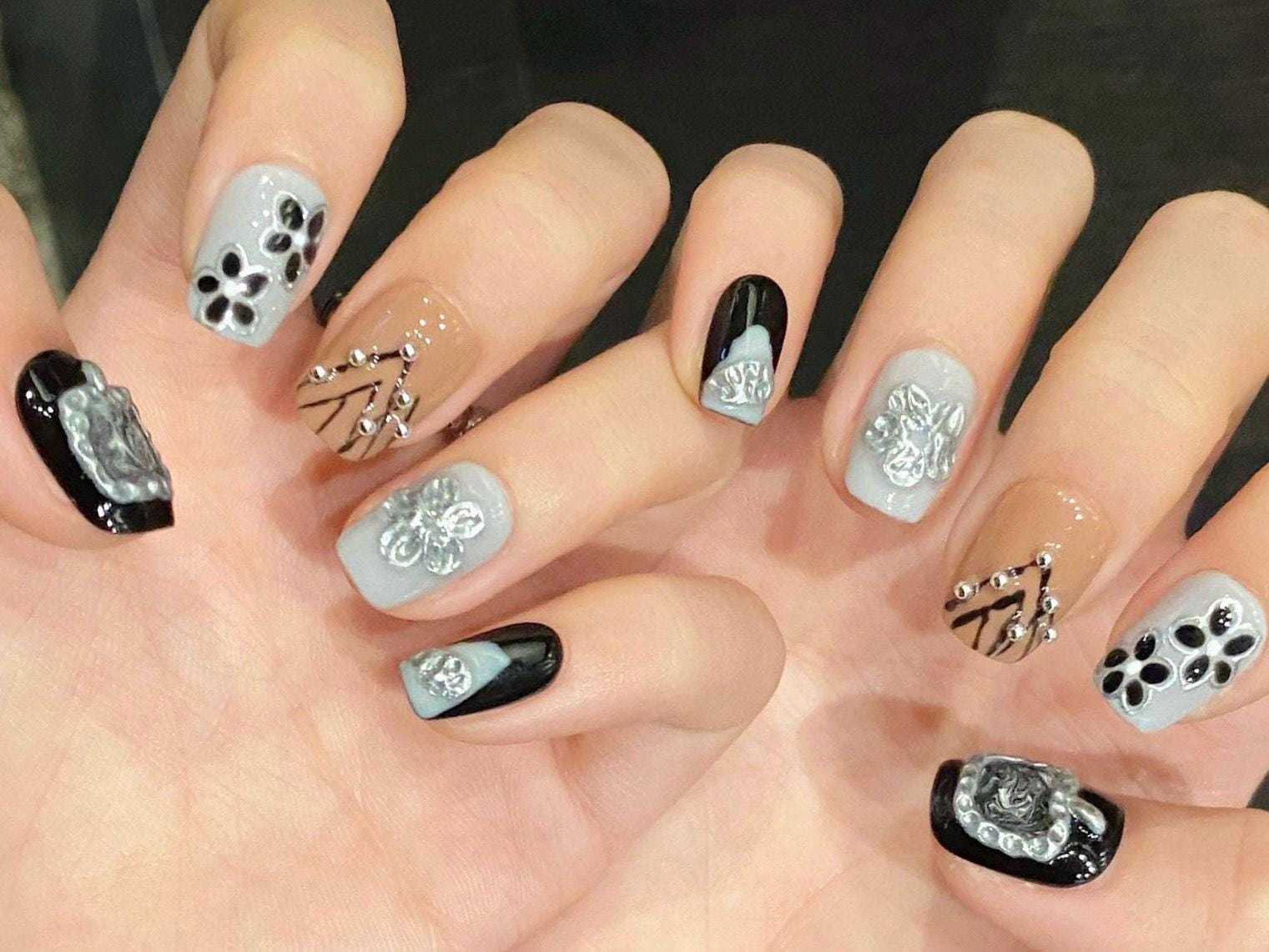 Neutral Elegance Floral Press-On Nails – Black, Taupe &amp; Silver Mix Set A... - $23.99