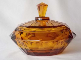Viking Glass Diamond Point Amber Glass Covered Candy Jar #6816, Golden B... - $80.00