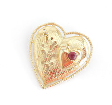 Vintage Gerry&#39;s Jewelry Heart Brooch Pin Gold Tone With Faux Red Ruby Cr... - $8.95