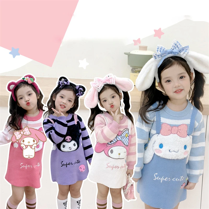 Kawaii Sanrios Cinnamoroll Kuromi Mymelody Kids Girls Suspender Striped Sweater - £27.18 GBP