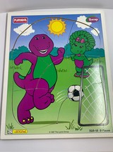 Vintage Playskool Barney Wooden Puzzle 1997 Playing soccer with Baby Bop - $11.83