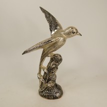 Vintage Metal HUMMINGBIRD Figurine Silver Tone Heavy Bird On Flower  7&quot; ... - £8.65 GBP