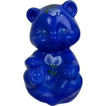 Fenton Figurine Art Glass Periwinkle Blue Bear Hand Painted Floral Signed 3&quot; - £55.68 GBP