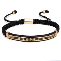 Fashion CZ Black &amp; Gold Braiding Handmade Bead Bracelet,Zirconia Paved Bend Bar  - £9.92 GBP