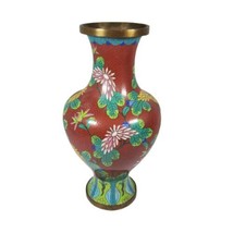 Large 12&quot; Antique Chinese Cloisonne Vase Red Floral Bronze Base Flowers ... - £186.84 GBP