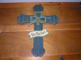 Estate Green Painted Wood Cross with Irish Shamrock Overlay BLESS THIS HOUSE  - £8.35 GBP