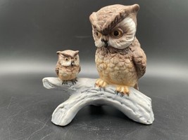  Porcelain 2 Owls Sitting on Log Figurine 4 in. Tall Brown Wise - £14.77 GBP