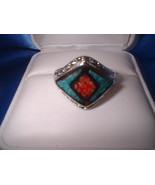 Turquoise &amp; Coral Diamond Design Ring - £15.80 GBP