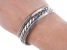 6.5&quot; Vintage Navajo deep stamped twisted wire silver bracelet - £154.69 GBP