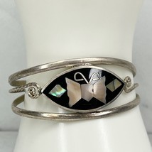 Vintage Alpaca Mexico Mother of Pearl Butterfly Silver Tone Cuff Bracelet - £19.37 GBP