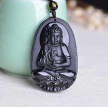 natural Obsidian Hand carved Tibet buddha zen Meditation yoga buddha pendant - $25.74