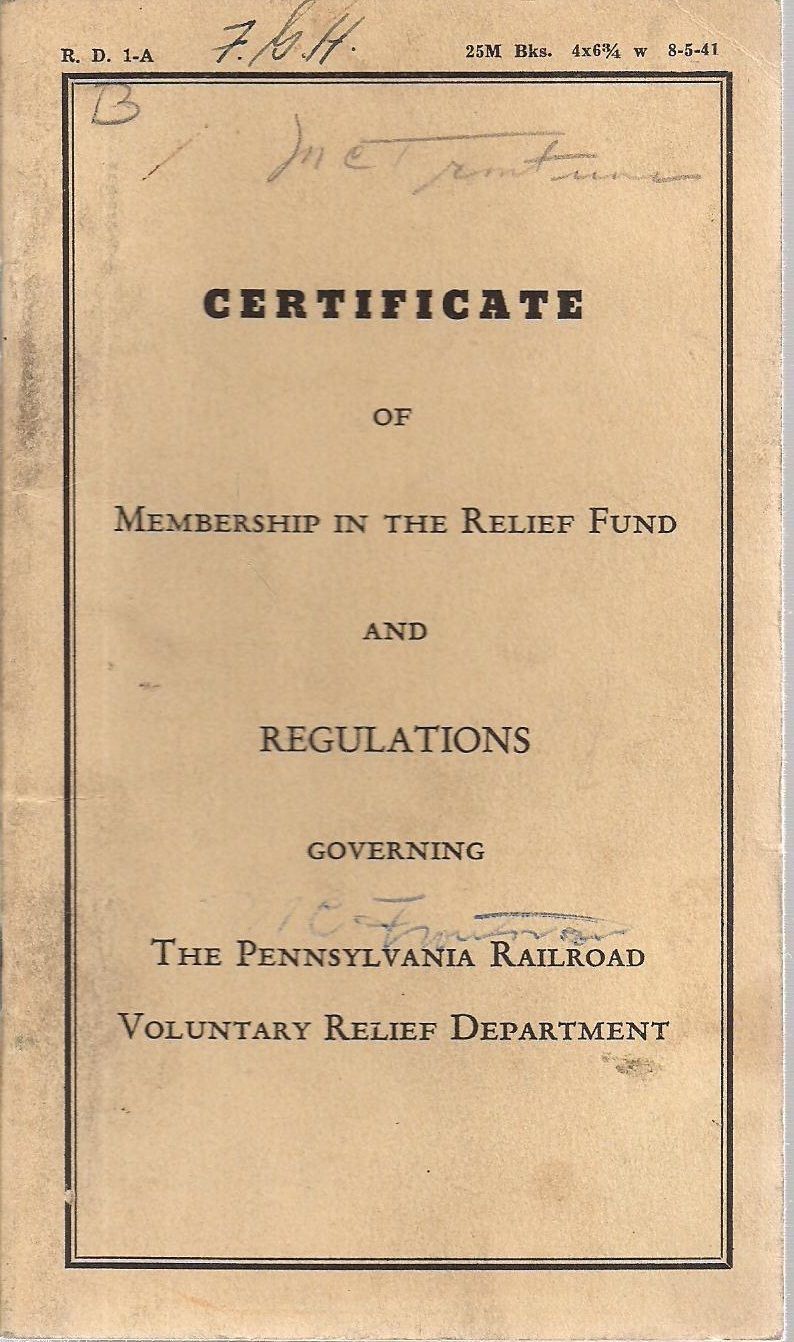 Primary image for 1941 PENNSYLVANIA RAILROAD Membership in Relief Fund Employee's Pocket Booklet