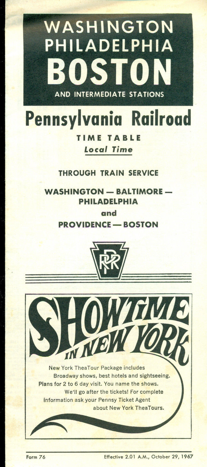 1967 PENNSYLVANIA RAILROAD October 29 Time Table Washington Philadelphia... - $9.89